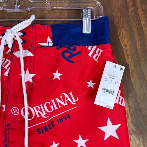 Pabst Blue Ribbon Mens Shorts Red White Blue Star Swim Surf Beach Trunks Small - Picture 3 of 14